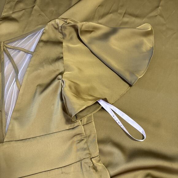 Azazie Bridesmaid Dress Green Size 18 Satin Flutter Sleeve Forest Fairy - Picture 11 of 15